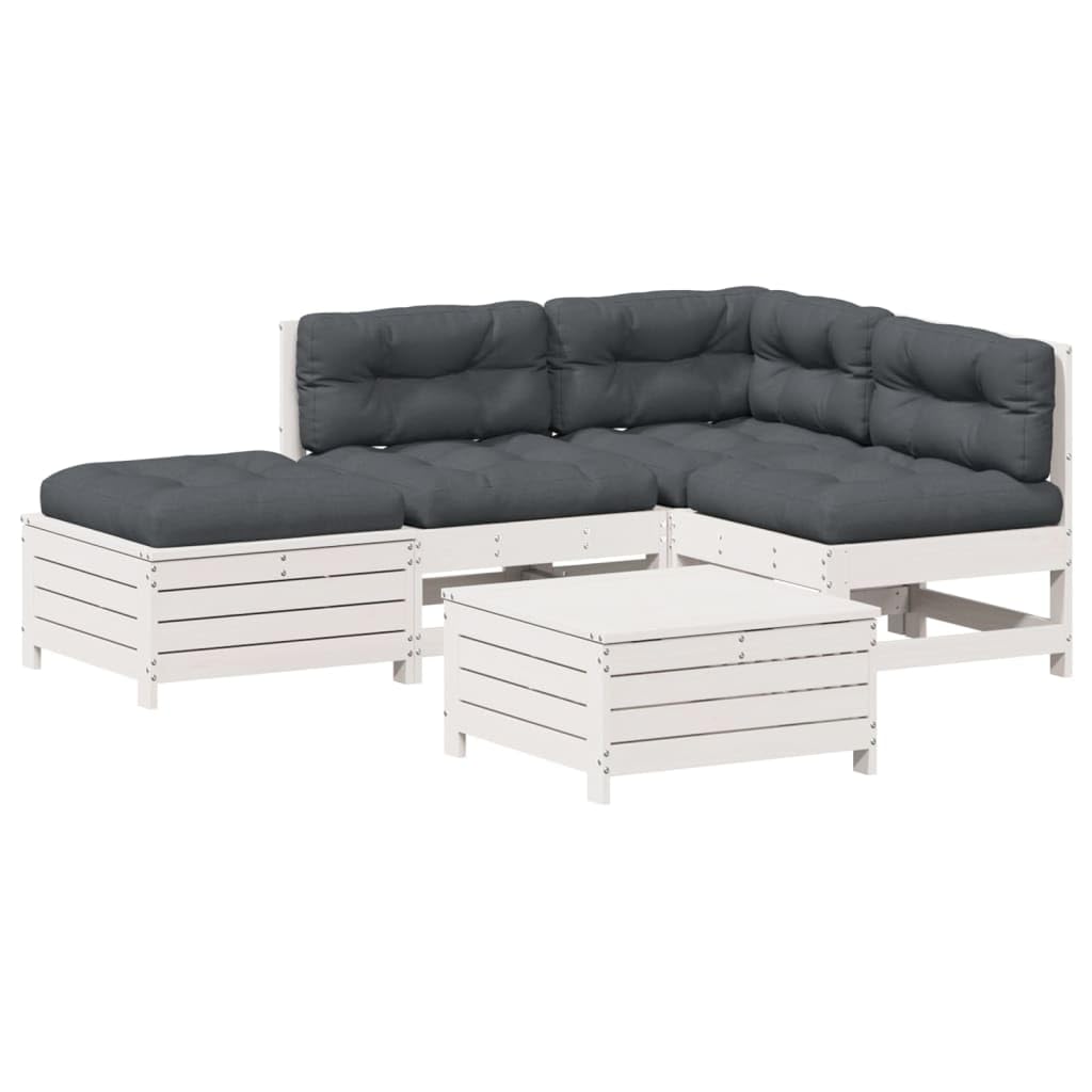 vidaXL Garten Lounge Set 5-TLG., Gartenmöbel mit Kissen Latten-Design, Sitzgruppe für Garten Terrasse, Modular Sofa Garnitur, Weiß Massivholz Kiefer