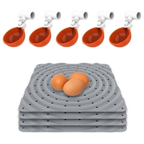 Lil'Clucker PVC Waterer Cups and Nesting Set - 5 Large Automatic Chicken Waterer Cups with 1/2" PVC Tee Fittings – Orange | 4 Washable Chicken Nesting Pads for Laying Eggs, Gray Nest Box Pads Cover
