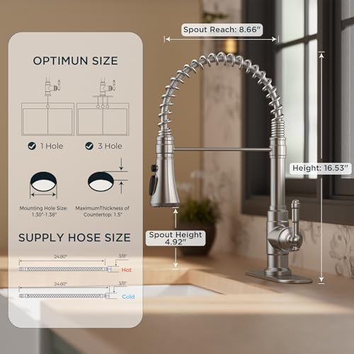Image of FORIOUS Vintage Kitchen Faucet Pull Down Sprayer Brushed Nickel Stainless Steel, High Arc Single Handle Antique Sink Faucet 1 or 3 Holes for Pot Filler, Farmhouse Camper RV Wet Bar