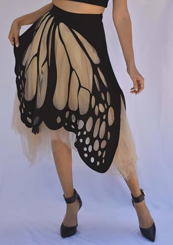 Women's Monarch Butterfly Skirt_Black and Nude Tulle,Whimsical Luxury Midi Skirt for Special Occasions3