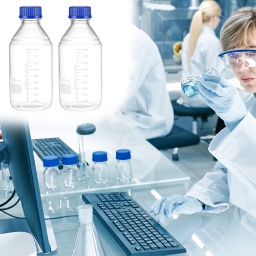 QWORK 1000ml Glass Storage Bottles, 2 Pack Leakproof Round Media Bottles with GL45 Blue Screw Caps & Graduation Lines