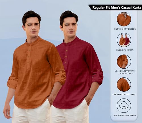 Image of Zombom Men's Combo Cotton Polyester Blend Solid Full Sleeve Straight Regular Fit Mandarin /Chinese Collor Kurta (Pack of 2)