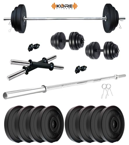 Image of Kore PVC 16 Kg Home Gym Set with One 3 Ft Straight Rod and One Pair Dumbbell Rods, Multicolour