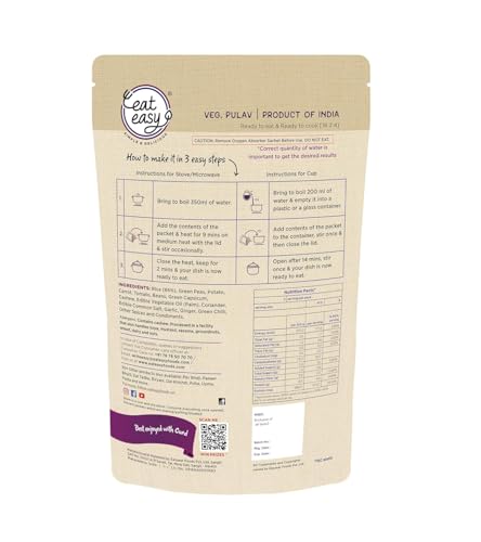 Image of Eat Easy Ready To Eat Veg Pulav, 95gm of 1 Pack, Instant Food, Indian Meal, Travel Food, No Preservatives, No Added Artificial Colours & Flavours, Just Add Water and Cook (Pack of 2)