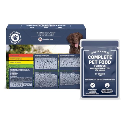 by Amazon Alimento completo per cani adulti, Selezione di carni in gelatina, 1,2 kg (12 confezioni da 100g)