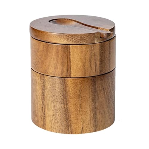 Cuenco para salero: recipiente de madera para sal, salero rústico con tapa giratoria y cuchara incorporada | Elegante salero para almacenamiento en la cocina de accesorios de sal marina y cond