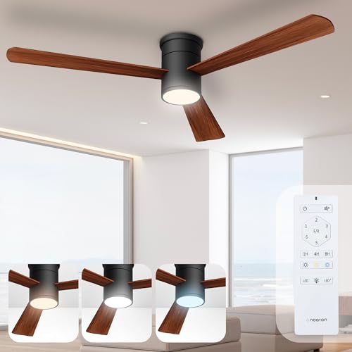 Noaton Ventilateur de plafond avec lumière et télécommande, Zoya, bois foncé, 3 pales, silencieux, Ø132 cm, mode hiver-été, moteur DC 34 W, 6 vitesses, minuterie, LED dimmable 22,9 W