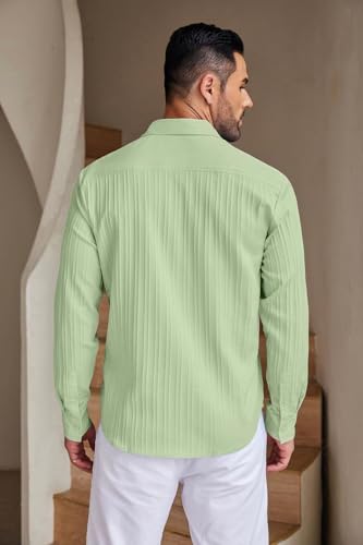 Image of DEELMO Men's Button Down Dress Shirts Textured Long Sleeve Casual Hawaiian Beach Shirt