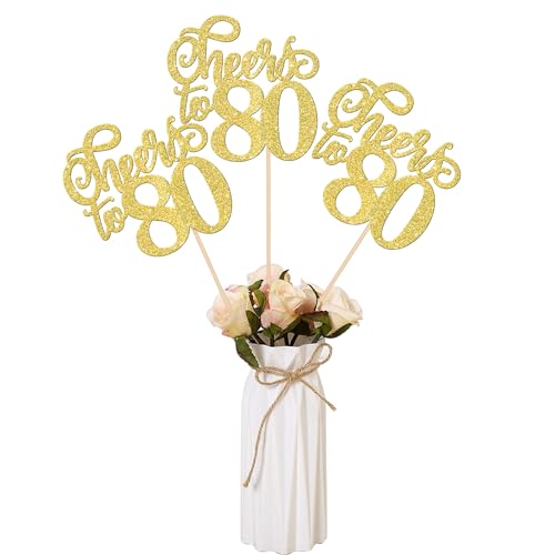 12 PCS Cheers to 80 Centerpiece Sticks Double Sided Glitter 80th Birthday Cake Toppers Number 80 Centerpieces Table Flower Topper Decorations for 80th Birthday Party Centerpiece Supplies Gold