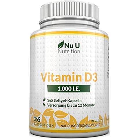 Vitamin D3 1.000 I.E. hochdosiert | für Knochen, Zähne & Immunsystem | Jahresversorgung | 100% Geld-zurück-Garantie | 365 Softgel-Kapseln Cover
