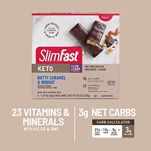 Slimfast Low Carb Meal Replacement Whey Protein Bar, Keto Friendly Chocolate Snacks For Weight Loss With 9G Protein, Nutty Caramel And Nougat, 5 Count Box (Packaging May Vary) #TOP4
