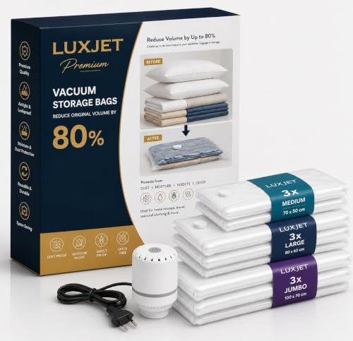Image of Vacuum Storage Bags with Free Electric Pump, 9 Pack Space Saver Vacuum Seal Bags - 3 Jumbo, 3 Large, 3 Medium, Airtight Compression Bags for Clothes, Blankets, Pillows, Comforters, Duvets & Travel
