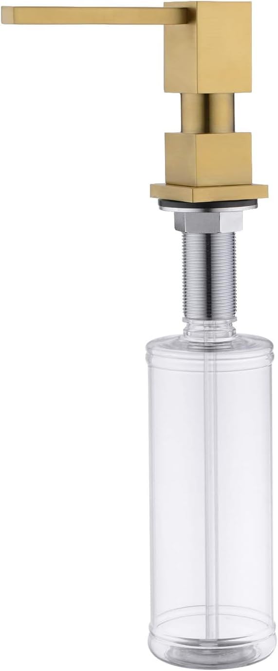 Soap Dispenser Brushed Gold Built in Sink Square Lotion Dispenser for Kitchen Sink, Brass Pump Head, with 17 Oz Bottle