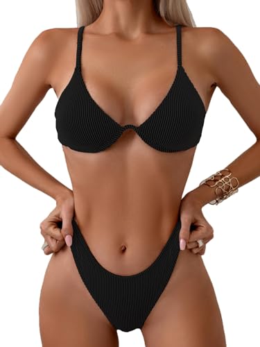 Fanuerg Women Underwire Triangle Bikini Spaghetti Strap Push Up Swimsuit Cheeky Two Piece Bathing Suit Black XL