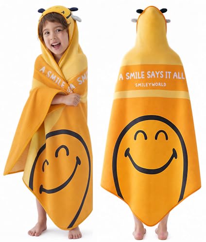 Image of SMILEYWORLD Bath Towels with Hood for Kids, 40''x40'' Soft Cotton Beach Towel Wrap, Toddler Swimming Pool Hooded, Shower Bath Towel for Girls Boys Ages 3-10 (Smile)