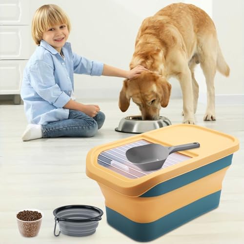 Druuzyl Hundefutter Aufbewahrungsbox 5kg - Faltbarer Futterbehälter für Trockenfutter mit Deckel, Messbecher & Löffel, Luftdicht, Haustierfutter-Container für Hund/Katze mit Faltbare Hundenapf,gelb