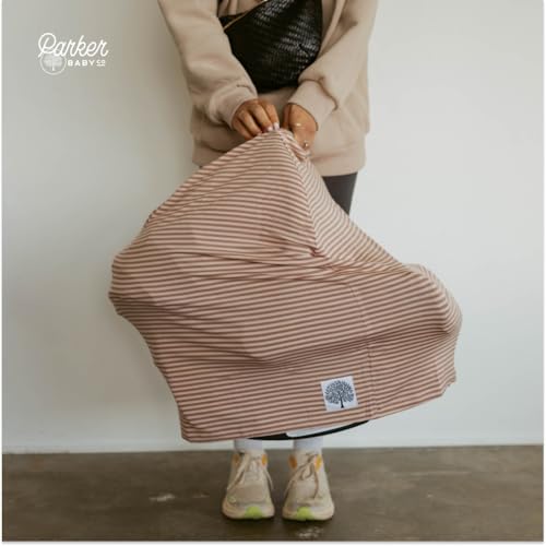 Image of Parker Baby 4 in 1 Car Seat Cover for Girls and Boys - Stretchy Carseat Canopy, Nursing Cover, Grocery Cart Cover, High Chair Cover - inchRosewood Stripe inch