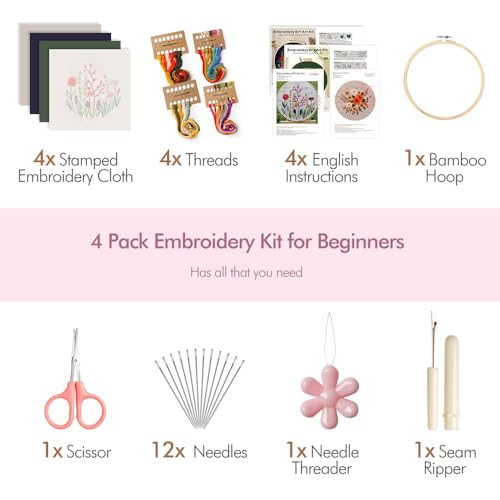 Image of 4 Pack Embroidery kit for Beginners Adults DIY Starter Kit, Cross Stitch Kits with Flower Stamped Patterns, Embroidery Hoop, Tools,Colorful Threads,Step by Step Instructions,Hand Craft Lover Gift
