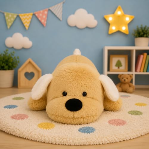 Image of Plush Brown Dog Stuffed Animal, Soft Sleeping Puppy Toy with White Ears