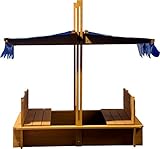 Sandkasten mit schwenkbarem Dach, Sitzbänke, Bodenplane, verschließbare Sandkiste aus Holz für Kinder, 120 x 120 x 120 cm, hellbraun - 4