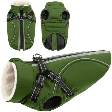 CITÉTOILE Wasserdichter Winter Hundemantel mit Geschirr Fleece Grün L | Warme Hundejacke mit Reißverschluss, Wintermantel mit Reflektorstreifen für kleine Mittel Große Hunde, mit B