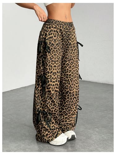 Women's Leopard Print Wide Leg Sweatpants Bow Knot Elastic Waist Loose Long Pants Streetwear3