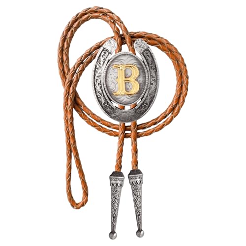 Image of Vintage Western Cowboy Monogram Initial Letter Bolo Tie for Men | Premium brown braided leather, adjustable sliding clasp, anti-tarnish alloy pendant, versatile A-Z western bolo tie