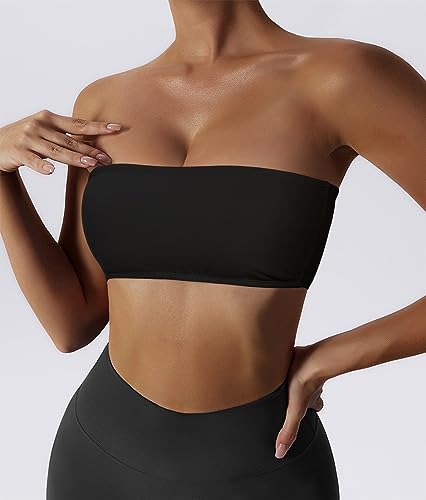 Boudaner Women’S Padded Bandeau Sports Tube Top Bra Strapless Wireless Solid Seamless Yoga Workout Bralette Black thumb #4