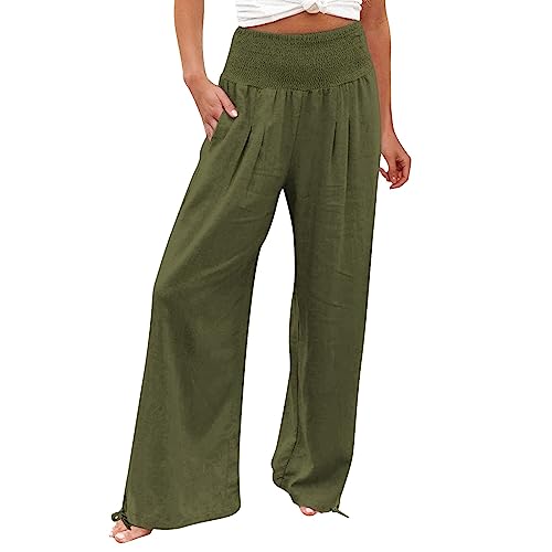 Womens Cotton High Waist Pants Casual Elastic Band Solid Loose Wide Leg Pants Breathable Lounge Pants with Pockets