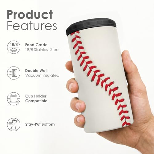 Image of Baseball Can Cooler 12oz - Travel Mug Cups - Stainless Steel Insulated for Men Women Players - Tumbler Cans Koozie, Sport Gift for Fan Coach Lovers