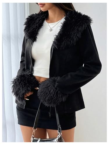 WDIRARA Women's Faux Fur Collar Zip Up Jacket Long Sleeve Suede Jacket Outerwear2