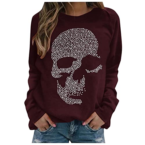 Komiseup Sweatshirt Femme Manches Longues Casual Col Rond T-Shirt Fashion Tête de mort Imprimé Lâche Manches Longues Couleur Unie Pull Tops Tunique Tops Blouse, Bordeaux, XXL Cover