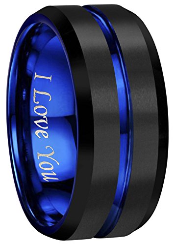 4mm 6mm 8mm 10mm Blue/Rose Gold Groove Black Matte Finish Tungsten Carbide Wedding Band Ring Engraved I Love You Size 4 To 17
