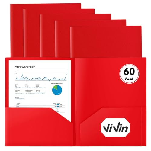 ViVin 60 Pack Plastic Folders with Pockets (Red)
