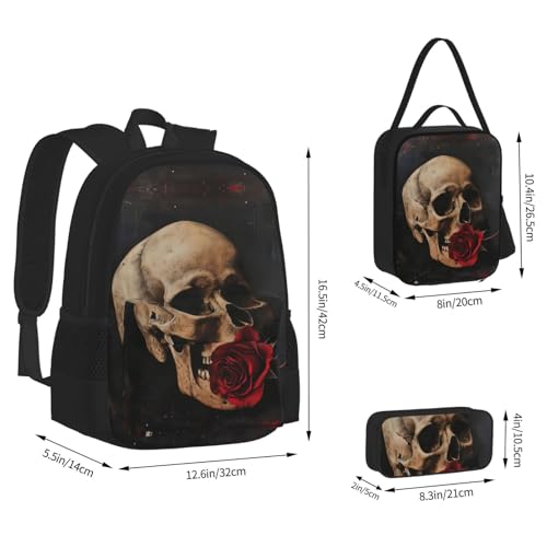 Skull And Red Rose Print 3 Piece Backpack Set, Laptop Daypack, Lightweight Bookbag Set With Lunch Bag Pencil Case3