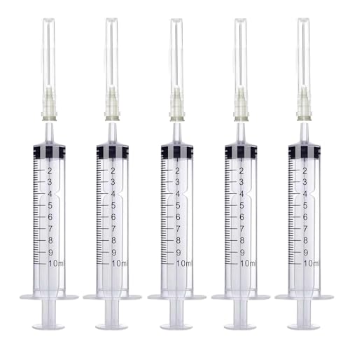 Paquete de 5 jeringas de plástico de 10 ml con aguja, jeringas para líquidos, orales, laboratorios científicos, medición, dispensación, alimentación de mascotas, aplicador de aceite o pegamento