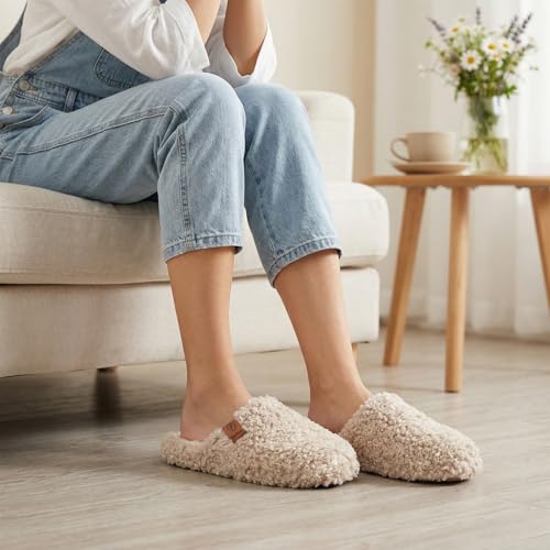 EverFoams Women’s Fuzzy Slippers Slip-On Memory Foam Khaki,9-10 US - image 2