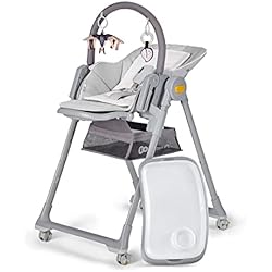 Trona Hamaca Columpio Kinderkraft LASTREE Trona Bebé de madera evolutiva plegable, Hamaca para bebés con Arco 2 juguetes, Asiento reposapiés ajustable, Posición tumbada, Gris