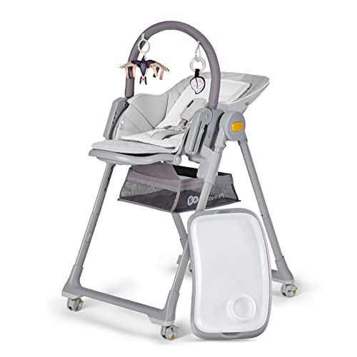 Kinderkraft LASTREE Chaise haute bébé evolutive de la naissance 2 en 1, Transat bébé avec Arche 2 jouets, Pliable, Position allongée, Réglable, Gris