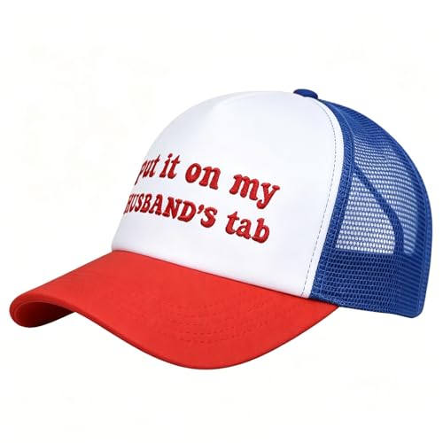 Ovabonzi Funny Trucker Hats Snapback Hat for Women Put It on My Husbands Tab Hat Gag Gifts Embroidery Baseball Cap Red and Off-White