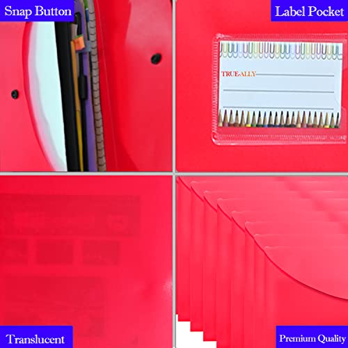 Image of True-Ally 5 pcs Bright Color Envelope Folder, Poly-Plastic A4 Documents File Storage Bag with Snap Button Certificate File Holder Document Folder for Certificates (Red)