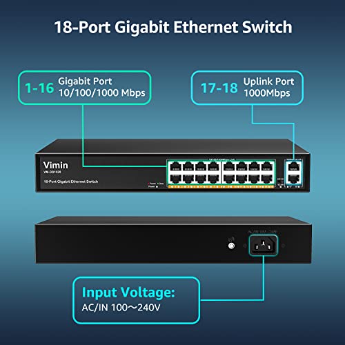 Image of VIMIN 16-Port Gigabit Ethernet Switch with 2 Uplink 1000Mbps Ports, 18-Port Unmanaged Network Switch Support IEEE802.3af /at, VLAN, Metal Housing, Desktop, 19 inch Rack-Mount, Plug and Play