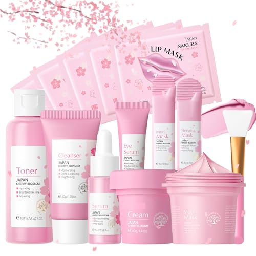 Set de Cuidado Facial para Chicas y Mujeres – Set Antiedad de Cuidado de la Piel con Flor de Cerezo Japonesa – Serum, Crema, Limpiador, Tónico, Contorno de Ojos, Mascarilla Facial, Mascarilla Labial