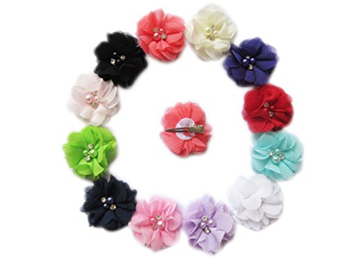 image for Baby Girls Chiffon Flower Hair Clips with Rhinestones and Pearl,YYCRAF