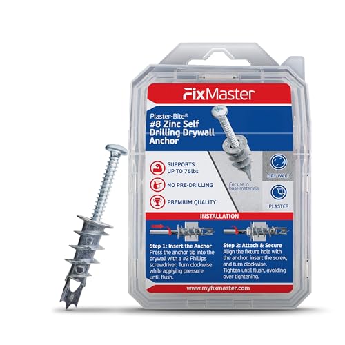 FixMaster #8 Zinc Plaster Bite Self Drilling Drywall Anchors w/Screws (25 Anchors & 25 Screws) – Heavy Duty Zinc Hollow Wall Anchor Kit for 3/8', 1/2', 5/8' Drywall – 75 lbs Holding Strength