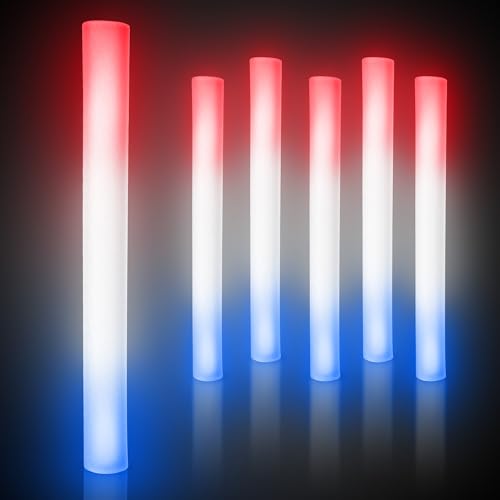 Fun Central 6 Pack LED Foam Stick Batons – Red, White, and Blue Glow for Patriotic Celebrations, Parties, and Events