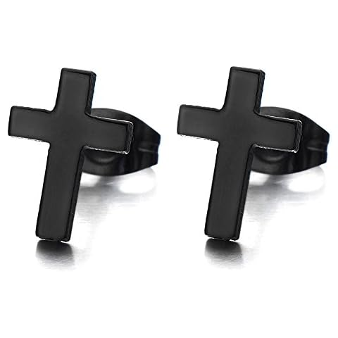 8MM Unisex Men Black Cross Earrings of Stainless Steel, Gothic Biker, 2 Pcs Cover