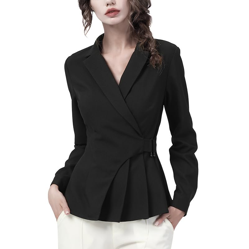 Traje de Oficina para Mujer, Camisa con Cuello, Camisa Lisa de Manga Larga Plisada, Blusas de Mujer, Tops de Primavera de Estilo francés (Negro XL)