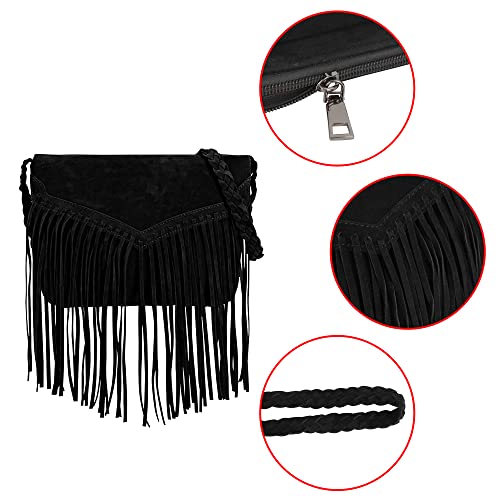 Suede Crossbody Bag with Fringe Vintage Tassel Purse Messenger Bag for Women Girls, Black3