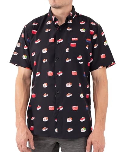 Visive Mens Short Sleeve Button Up or Button Down Sushi Print Shirt | Funny Japanese Food Top | Casual Collared Vacation Wear | Stretch Fabric | Big & Tall Sizes | Novelty Hawaiian Style Gift